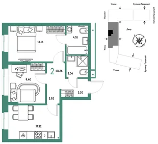 Планировка 2-комн. квартира, 48.26 м² ЖК «Микрорайон Домашний»