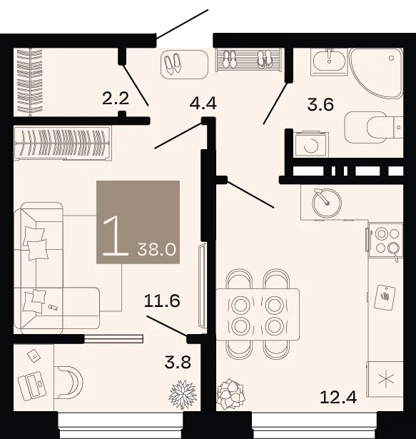Планировка 1-комн. квартира, 38 м² ЖК «Хозяин морей»