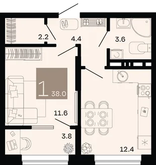 Планировка 1-комн. квартира, 38 м² ЖК «Хозяин морей»