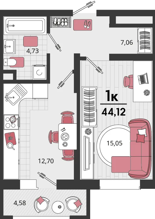 Планировка 1-комн. квартира, 44.12 м² ЖК «Родные просторы»