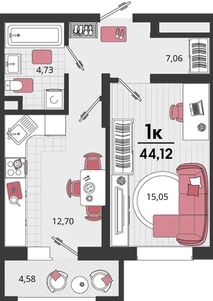 Планировка 1-комн. квартира, 44.12 м² ЖК «Родные просторы»