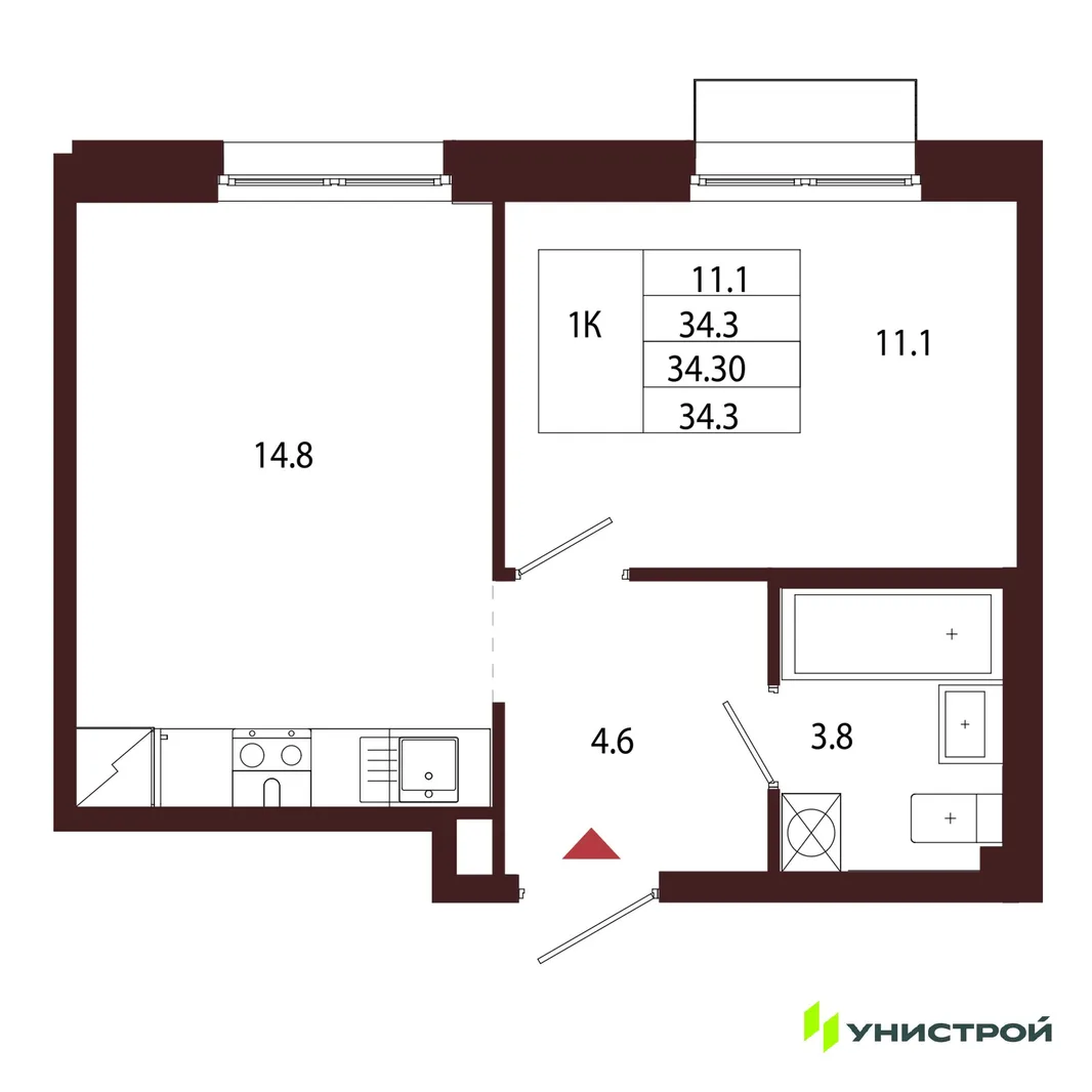 Планировка 1-комн. квартира, 34.3 м² ЖК «Лисино»