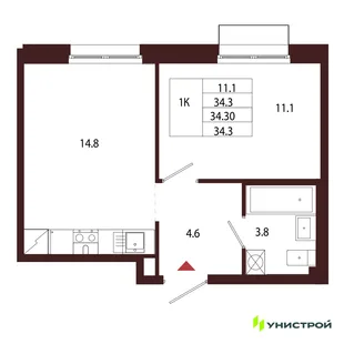 Планировка 1-комн. квартира, 34.3 м² ЖК «Лисино»