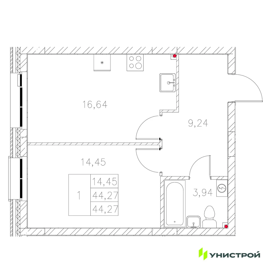 Планировка 1-комн. квартира, 44.27 м² ЖК «Statum»