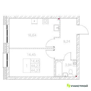 Планировка 1-комн. квартира, 44.27 м² ЖК «Statum»
