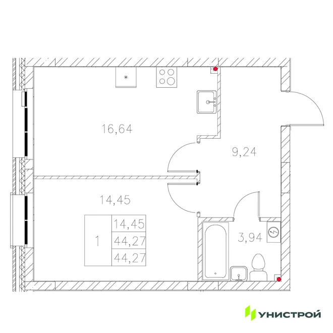 Планировка 1-комн. квартира, 44.27 м² ЖК «Statum»