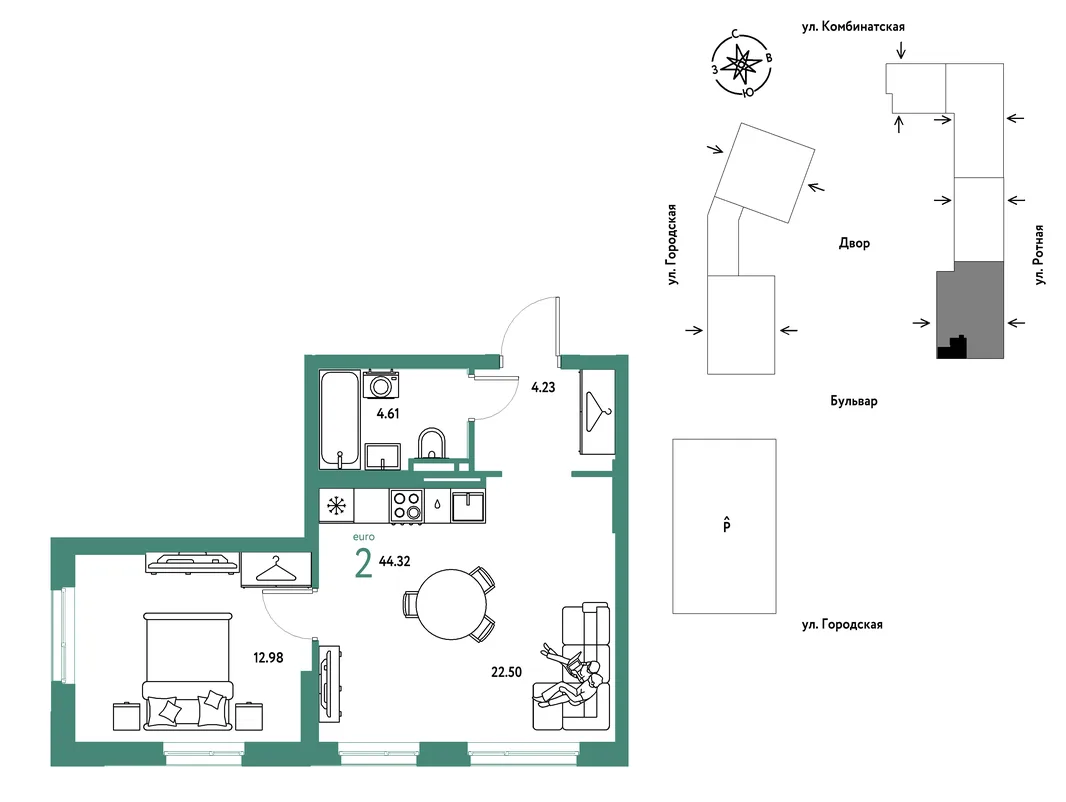 Планировка 2-комн. квартира, 44.32 м² ЖК «Уральский сад»