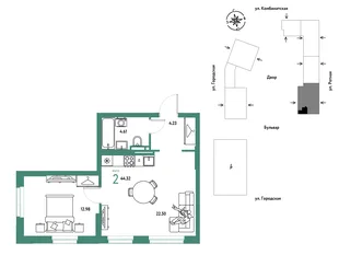 Планировка 2-комн. квартира, 44.32 м² ЖК «Уральский сад»