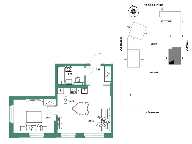 Планировка 2-комн. квартира, 44.32 м² ЖК «Уральский сад» Планировка 2-комн. квартира, 44.32 м² ЖК «Уральский сад»