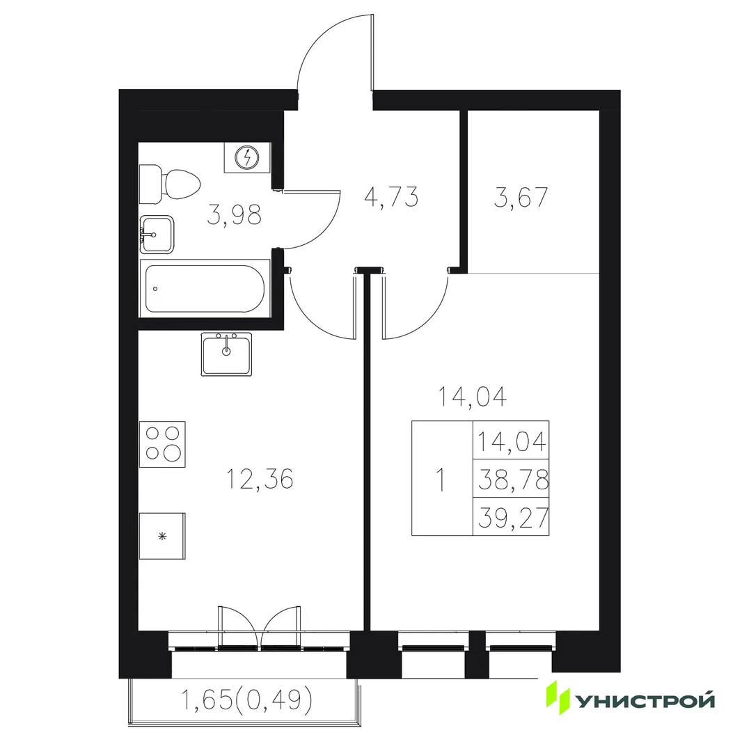 Планировка 1-комн. квартира, 39.27 м² ЖК «Statum»