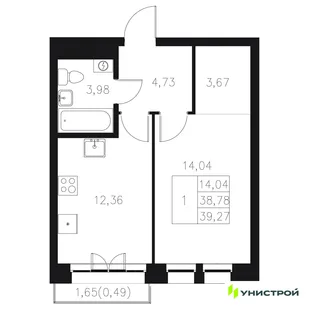 Планировка 1-комн. квартира, 39.27 м² ЖК «Statum»
