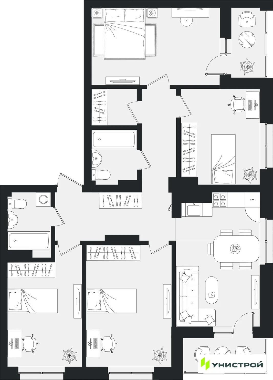 Планировка 1-комн. квартира, 44.44 м² ЖК «Уникум на Ленинском»