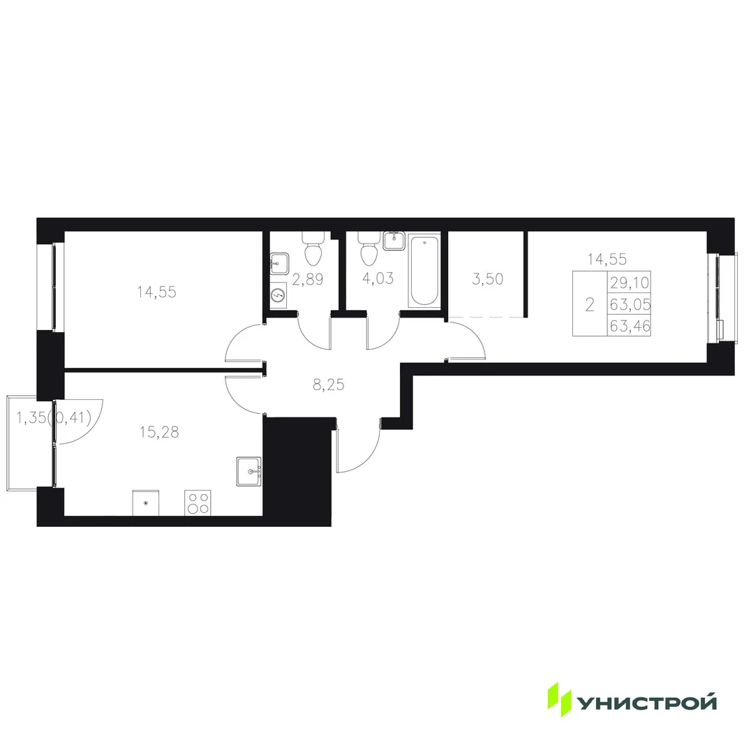 Планировка 2-комн. квартира, 63.46 м² ЖК «Statum»