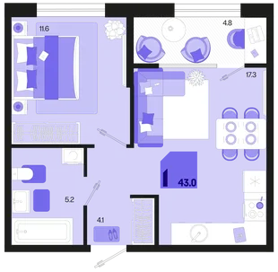 Планировка 1-комн. квартира, 43 м² ЖК «Первое место»