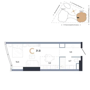 Планировка Студия, 31.8 м² ЖК «АУРУС Резиденции»