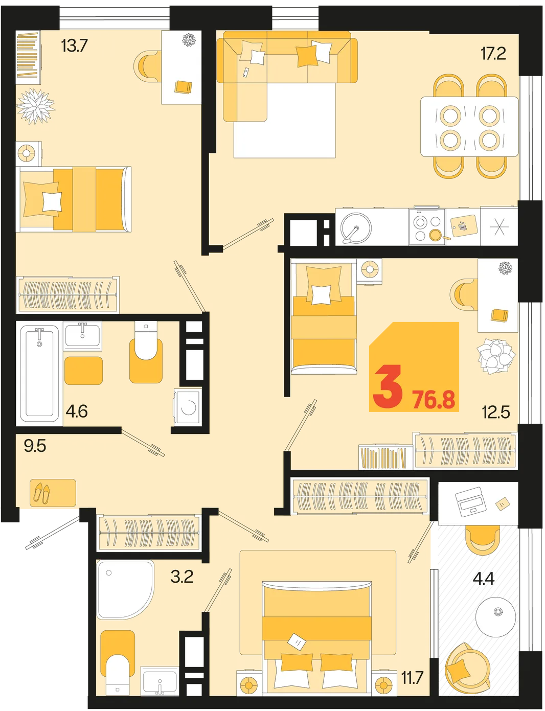 Планировка 3-комн. квартира, 76.8 м² ЖК «Первое место»