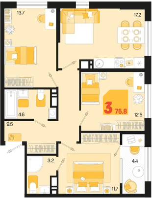 Планировка 3-комн. квартира, 76.8 м² ЖК «Первое место»