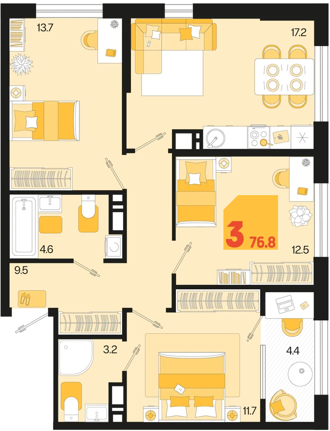 Планировка 3-комн. квартира, 76.8 м² ЖК «Первое место» Планировка 3-комн. квартира, 76.8 м² ЖК «Первое место»