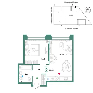 Планировка 2-комн. квартира, 41.3 м² ЖК «Микрорайон Звездный»