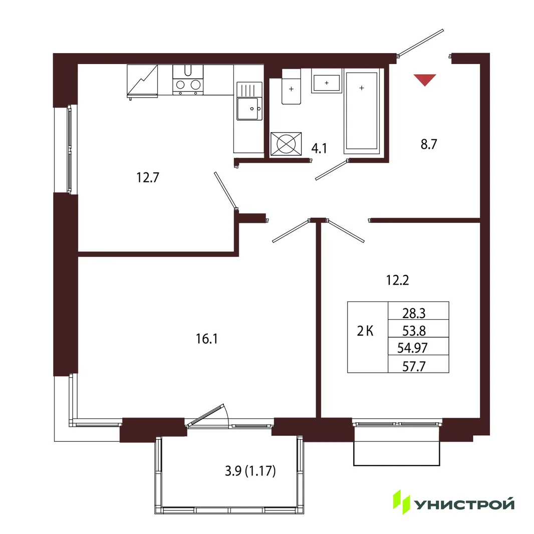 Планировка 2-комн. квартира, 54.97 м² ЖК «Лисино»