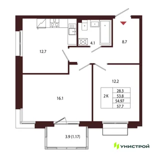 Планировка 2-комн. квартира, 54.97 м² ЖК «Лисино»