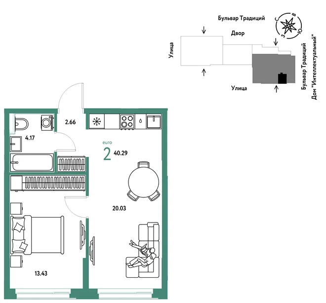 Планировка 2-комн. квартира, 40.29 м² ЖК «Микрорайон Домашний» Планировка 2-комн. квартира, 40.29 м² ЖК «Микрорайон Домашний»