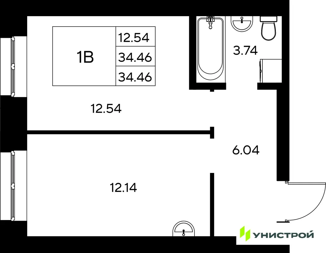 Планировка 1-комн. квартира, 34.46 м² ЖК «Царёво City»