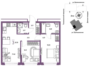 Планировка 3-комн. квартира, 55.7 м² ЖК «Страна Прибрежная»