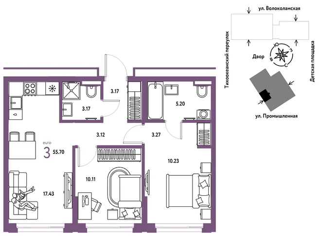 Планировка 3-комн. квартира, 55.7 м² ЖК «Страна Прибрежная» Планировка 3-комн. квартира, 55.7 м² ЖК «Страна Прибрежная»