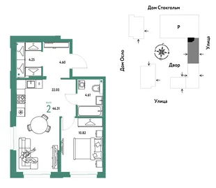 Планировка 2-комн. квартира, 46.31 м² ЖК «Европейский берег 2.0»
