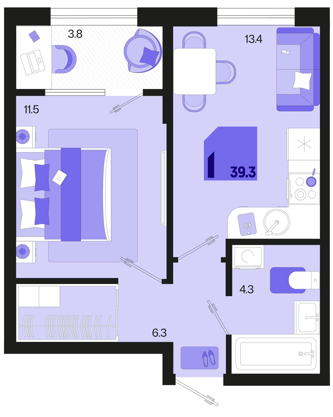 Планировка 1-комн. квартира, 39.3 м² ЖК «Первое место»