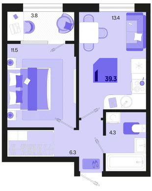 Планировка 1-комн. квартира, 39.3 м² ЖК «Первое место»