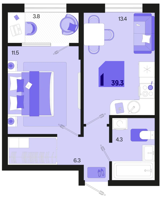 Планировка 1-комн. квартира, 39.3 м² ЖК «Первое место» Планировка 1-комн. квартира, 39.3 м² ЖК «Первое место»