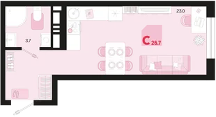 Планировка Студия, 26.7 м² ЖК «Первое место»