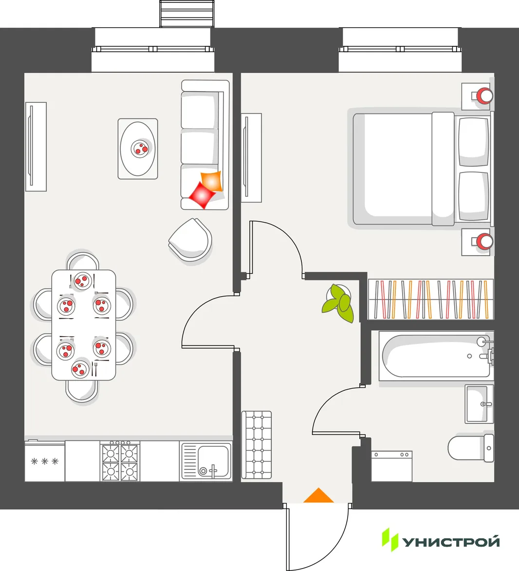 Планировка 1-комн. квартира, 39.99 м² ЖК «Атмосфера»