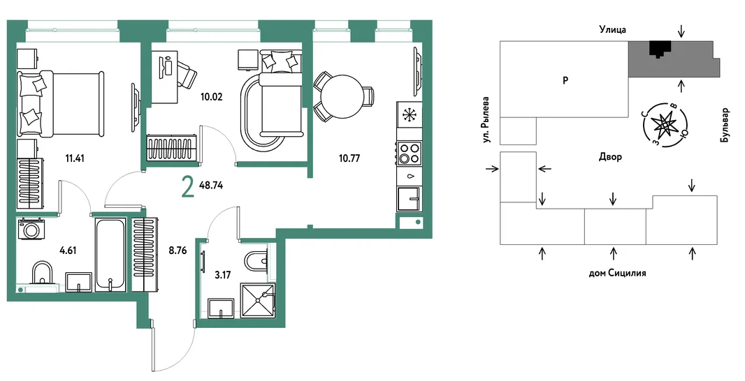 Планировка 2-комн. квартира, 48.74 м² ЖК «Остров-сад»