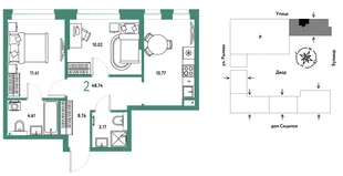 Планировка 2-комн. квартира, 48.74 м² ЖК «Остров-сад»