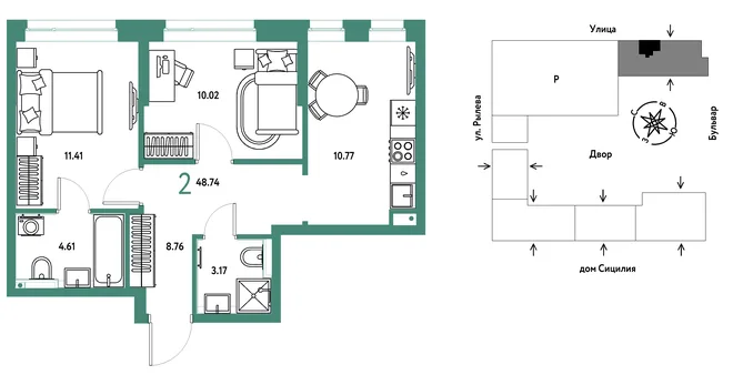 Планировка 2-комн. квартира, 48.74 м² ЖК «Остров-сад» Планировка 2-комн. квартира, 48.74 м² ЖК «Остров-сад»
