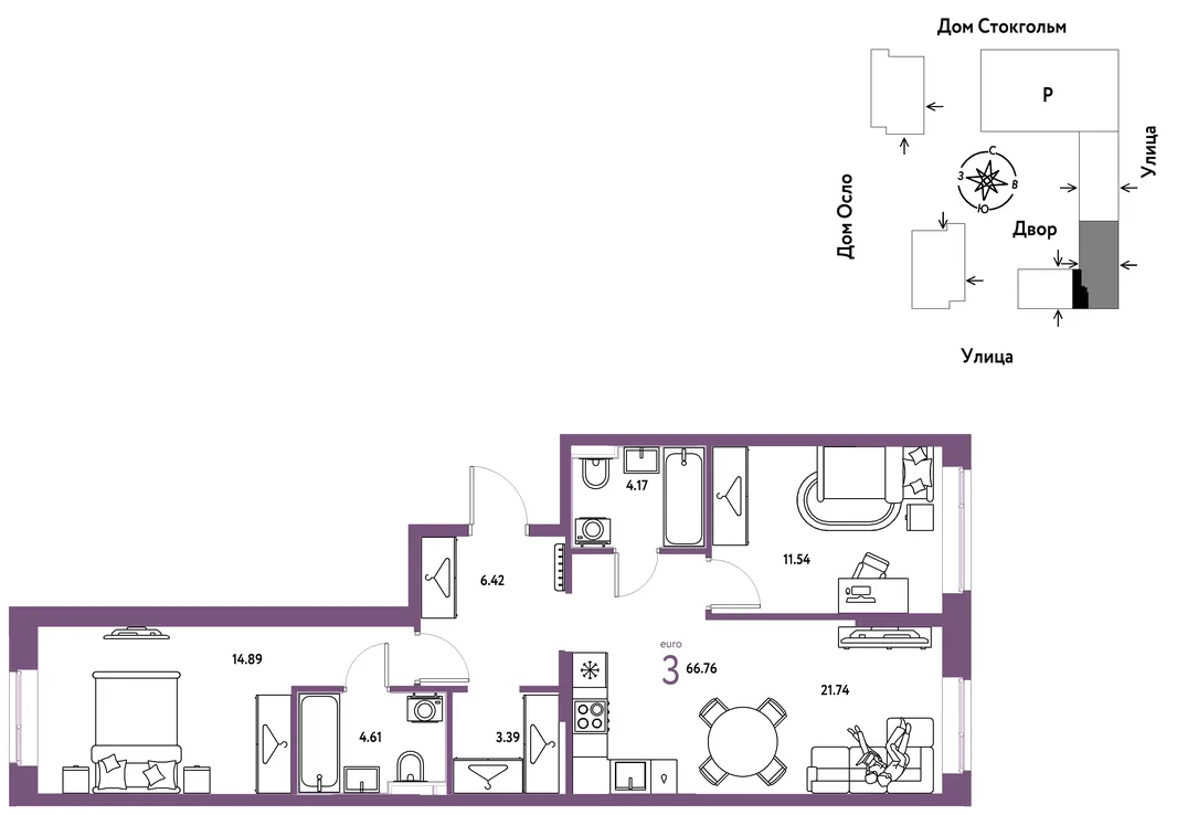 Планировка 3-комн. квартира, 66.76 м² ЖК «Европейский берег 2.0»