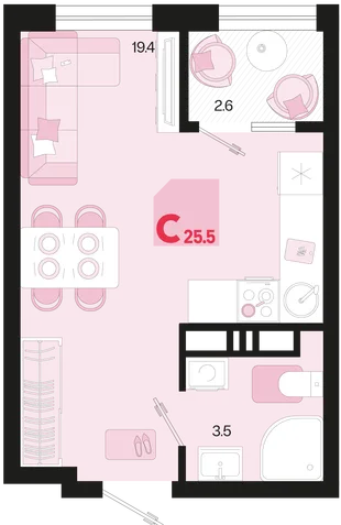Планировка Студия, 25.5 м² ЖК «Первое место»
