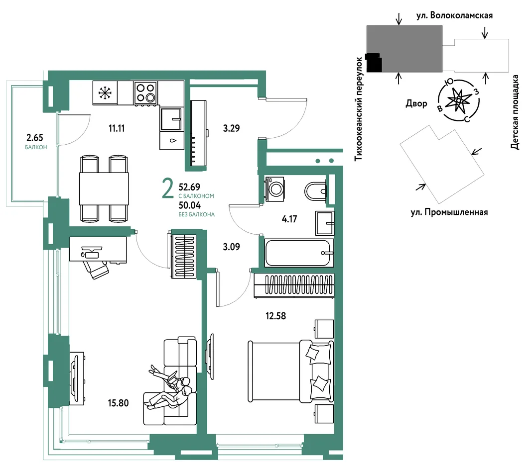 Планировка 2-комн. квартира, 52.69 м² ЖК «Страна Прибрежная»