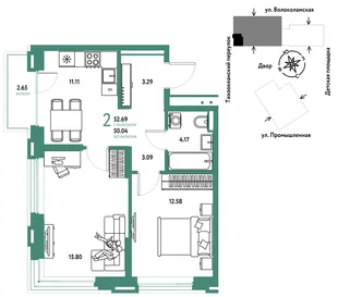 Планировка 2-комн. квартира, 52.69 м² ЖК «Страна Прибрежная»