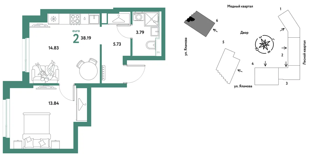 Планировка 2-комн. квартира, 38.19 м² ЖК «Сибирский сад»