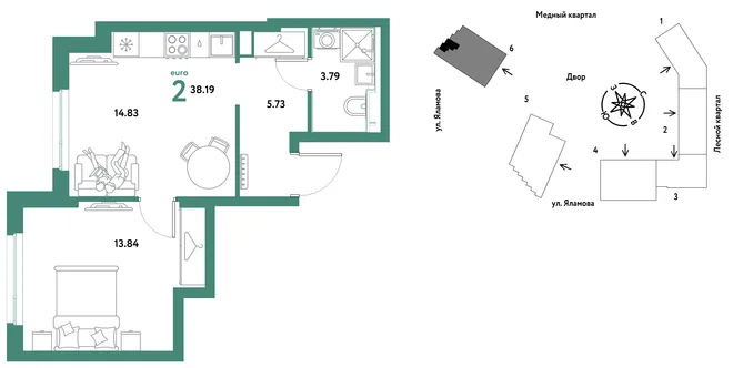 Планировка 2-комн. квартира, 38.19 м² ЖК «Сибирский сад»