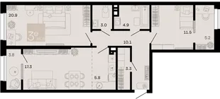Планировка 3-комн. квартира, 85.8 м² ЖК «Хозяин морей»
