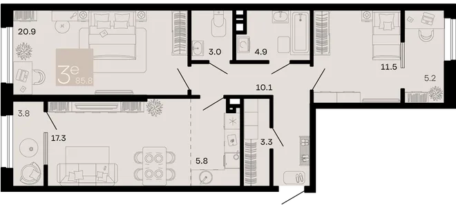 Планировка 3-комн. квартира, 85.8 м² ЖК «Хозяин морей» Планировка 3-комн. квартира, 85.8 м² ЖК «Хозяин морей»