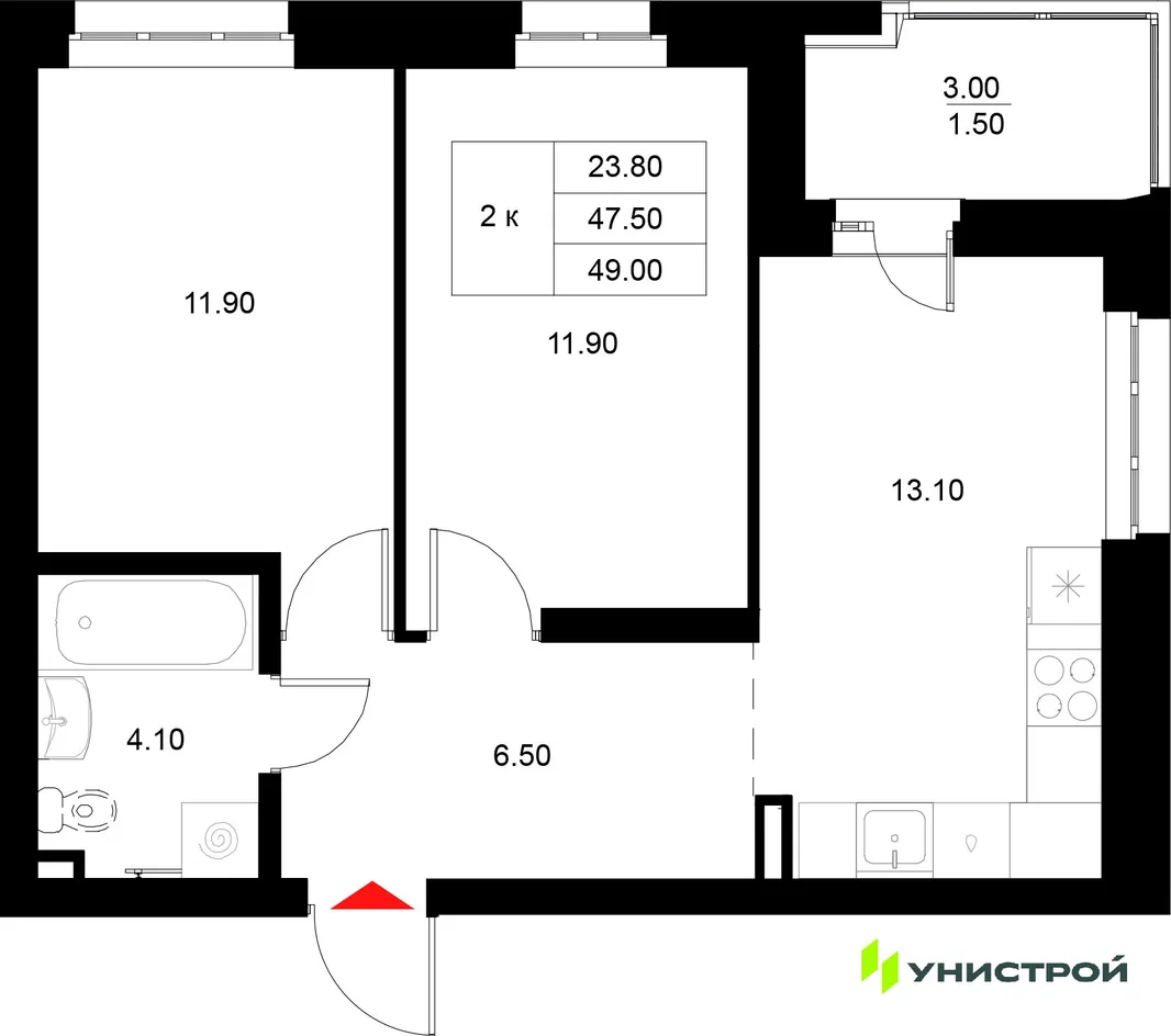 Планировка 2-комн. квартира, 49 м² ЖК «Уникод на Технической»