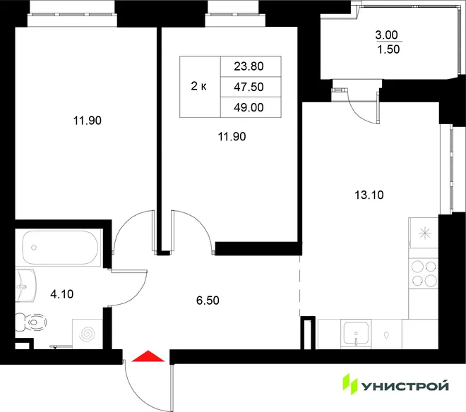 Планировка 2-комн. квартира, 49 м² ЖК «Уникод на Технической» Планировка 2-комн. квартира, 49 м² ЖК «Уникод на Технической»
