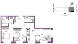 Планировка 3-комн. квартира, 64.67 м² ЖК «Микрорайон Домашний»