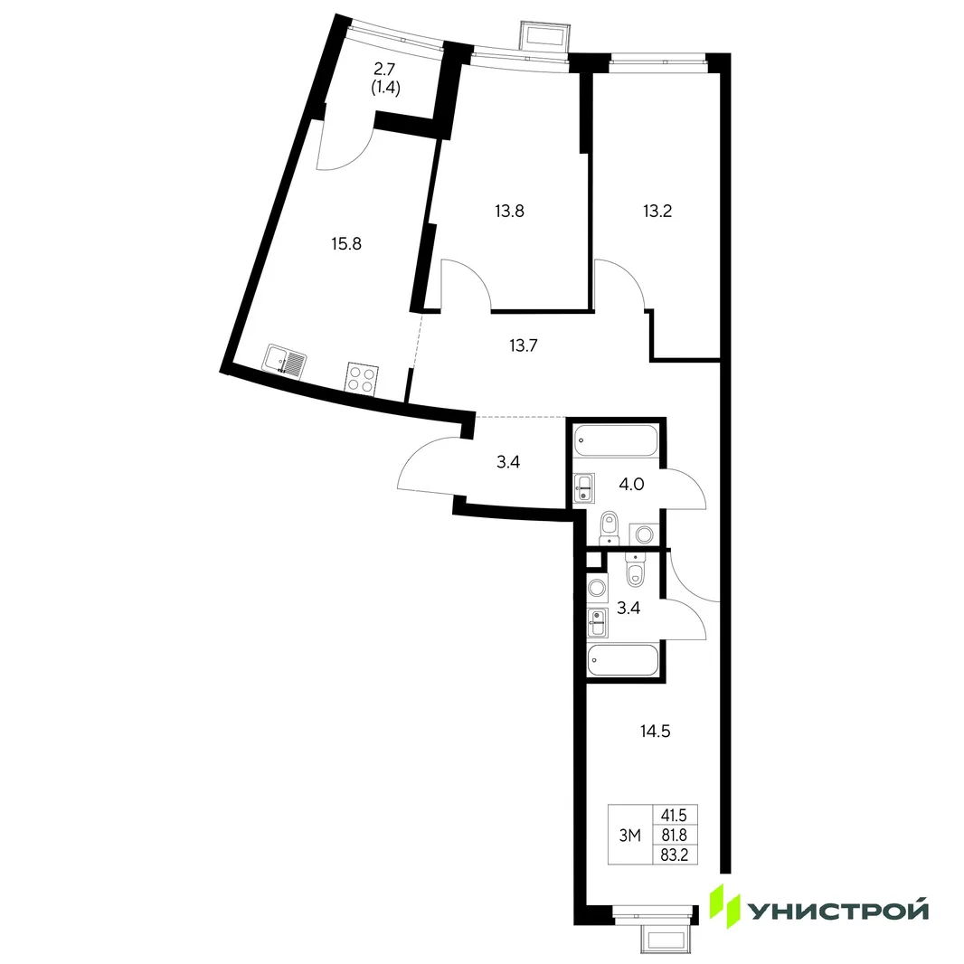 Планировка 3-комн. квартира, 83.2 м² ЖК «Стадиум»